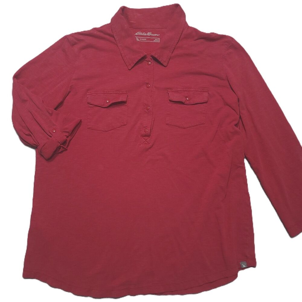 Eddie Bauer Women's L Shirt Long Sleeve 1/2 Button Up Pockets Red Cotton Top